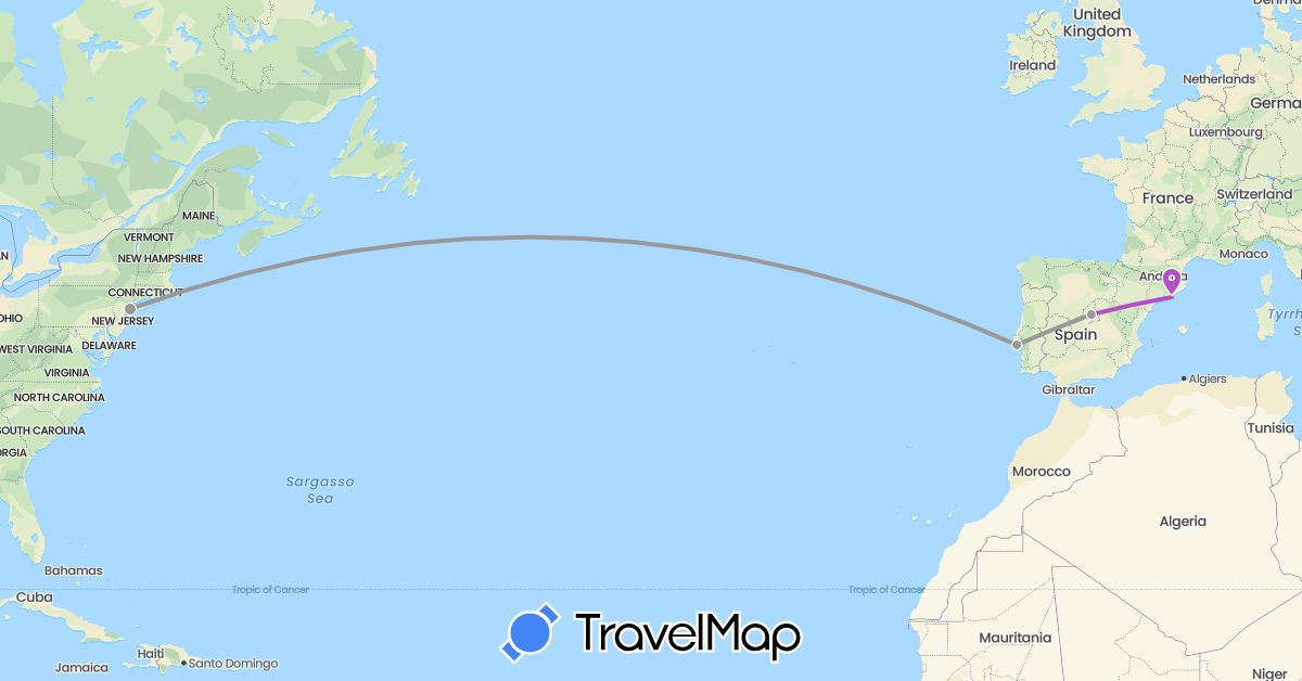 TravelMap itinerary: driving, plane, train in Spain, Portugal, United States (Europe, North America)
